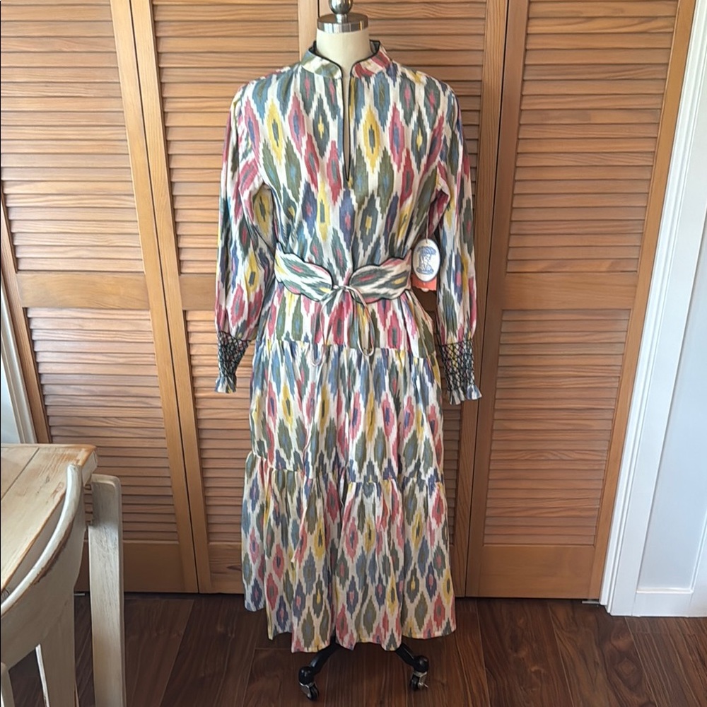 Multi-Color Ikat Print Long Sleeve Dress with Waist Tie